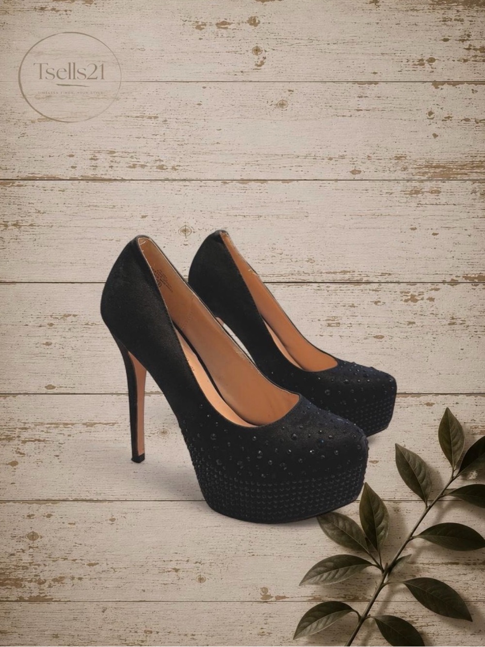 De Blossom Collection Black Embellished Pumps  - Size 7.5